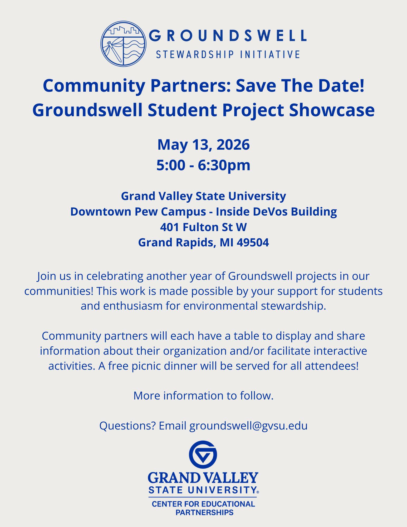 Flyer with general information on for showcase event; May 13th, 2026 at 5pm, location 401 Fulton St. W Grand Rapids MI